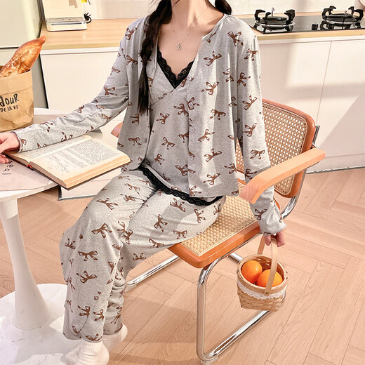 Ziwei Qifeng Hosenteil Pyjamas für Frauen mit Brustpolstern für Frühlings-Langarmjacke Hose Spitze Spitze Home Kleidungsstück Z13803# Graues Drei-teiliger Set 170 m Vorschlag 80-100