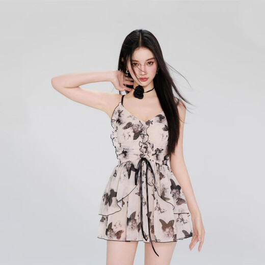 Lugeli swimsuit for women in hot springs to cover belly swimsuit one-piece sleeveless sexy slim girl adult swimsuit skirt pure desire butterfly swimsuit beige one size fits all recommended 80-120 Jin Jin equals 0.5 kg