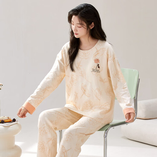 春秋季自带胸垫一体长袖睡衣套装夏冬天家居服棉可外穿大码学生女 HRY1047 M (建议75-95斤)