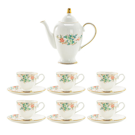 Jingqiu underglaze color high-end water set Jingdezhen high temperature bone china tea set water cup kettle complete set household gift box underglaze color flowery water set 13 pieces