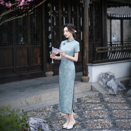 GUHELUN new Chinese style mulberry silk cheongsam slim long 2025 summer new national style elegant young mother style cheongsam dress blue 3XL