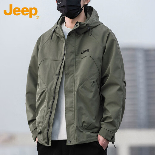 Jeep (JEEP) Jacket Men's Autumn and Winter Assault Jacket Loose Trendy Work Clothes Hooded Windproof Clothes Men's Army Green XL
