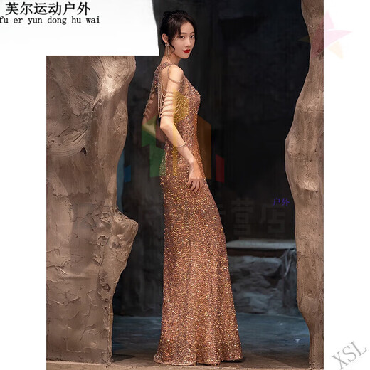 Ayubujie Yintong beautiful evening dress for women 2025 light luxury niche banquet temperament host shiny fish tail skirt piece wine piece champagne golden fish tail long P S