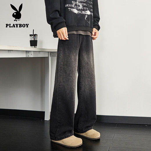 Playboy (PLAYBOY) Lightning Pattern Washed Jeans Men's Summer New Retro Loose Straight Wide Leg Pants Trendy Brand High Street American Pants 1049 Black Gradient M