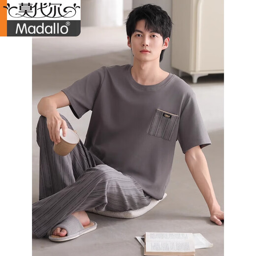 Modal men's pajamas in summer new short-sleeved trousers pullover casual simple large-size teenager men's home clothing suit 12014 L (110-130Jin[Jin equals 0.5 kg])