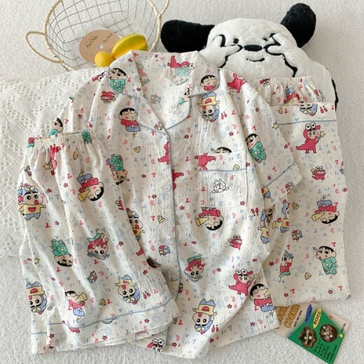Ziweiqi lindo crayón pijama de algodón shin-yun para mujeres cardigan de verano dibujos animados de ropa para el hogar