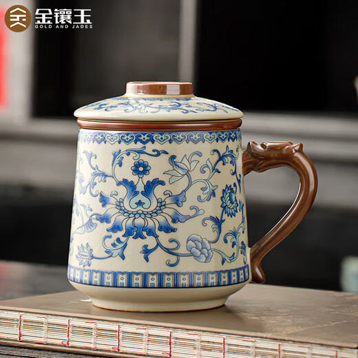Gold inlaid jade imitation Song Dynasty Ru kiln tea cup ceramic filtered water cup mug office household entangled lotus blue and white