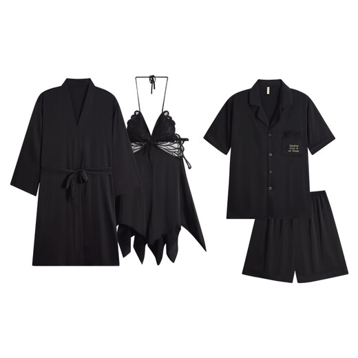 浪莎（langsha）情侣睡衣女冰丝性感吊带睡裙春夏季男友短袖套装家居服 DA621女款DA9901男款黑色 M 女男L