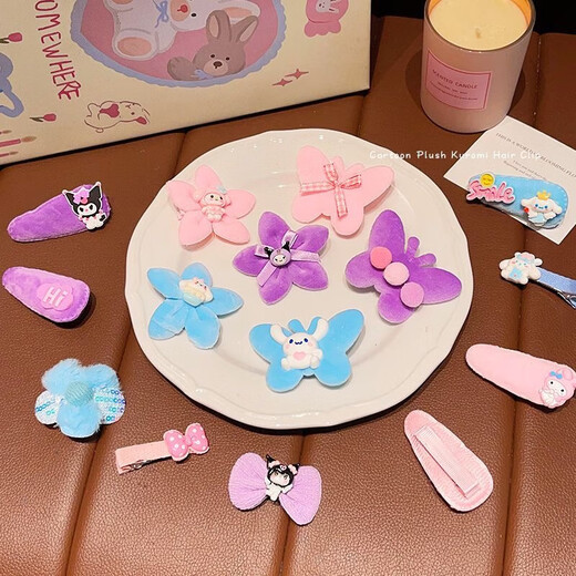
Cartoon Jade Dog Girl Hairpin Autumn and Winter Plush Bangs Side Decoration Cute Children's Kulomi Hair Accessories Q683 Pink Flower Bow 10-piece Set
