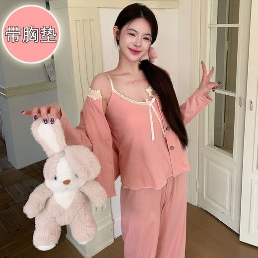 荣西图（RONGXITU）棉睡衣女带胸垫吊带三件套韩版甜美ins风家居服 S681#米白 180 XL