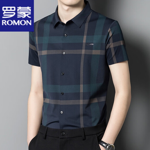 Romon Ice Silk Shirt à manches à manches à manches moyennes d'âge moyen et jeune mince mince chemise à carreaux