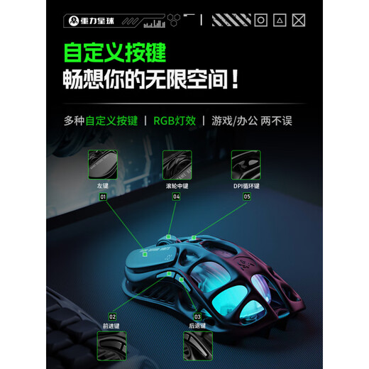 重力星球破茧鼠标轻量化镂空静音无线有线蓝牙电竞游戏办公通用型 经典形象组合(液态黑鼠标+G1PRO PAW3395