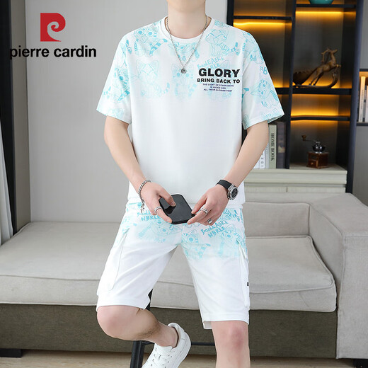 Pierre cardin 2025 summer new short-sleeved suit men's teenagers versatile shorts casual sports two-piece set gradient color men's clothing 6187 blue L