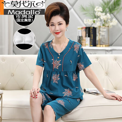莫代尔带胸垫中老年人睡衣妈妈夏天女棉短袖七分裤加肥加大码家居服套装 V3937 M (带固定胸垫) 80-100斤