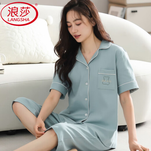 浪莎（LangSha）睡衣女士夏季短袖七分裤中青年款大码开衫薄款可外穿家居服套装女 n9893短袖七分裤开衫 M （80-斤）