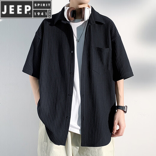 Jeep Spirit Summer New Ice Seide dünne Kurzarmhemd Herren Paar Lose großer großer Farbe Casual Trendy Brand Hemd Jacke C844 Schwarz XL