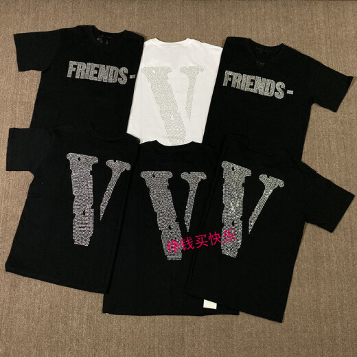 FOG背后烫钻石大V短袖P0P UP游击店限定款男女水钻情侣T恤 6198黑色 S