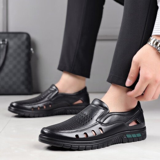 
YRC Yierkang Summer 2025 new men's hollow sandals toe layer cowhide middle-aged and elderly dad's shoes breathable casual shoes sandals 9887-2 black 41