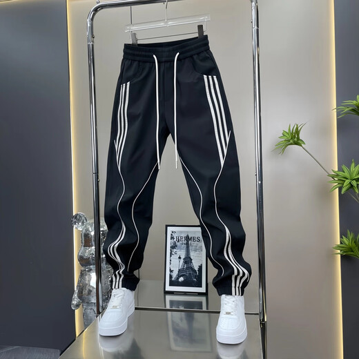 Feidi Sen Meng Bruder Hosen für Herren Sommer dünne Streife haderne Haremhosen für Jungen losen trendige vielseitige Bindungen Männer 683 Black (Sommerdünnstil) 32 (Empfohlen 130-145 Jin [Jin gleich 0,5 kg]))
