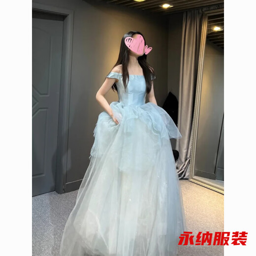 Xuan Tuya one-shoulder evening dress for women high-end light luxury niche adult ceremony banquet temperament graduates day princess dress forest style blue back strap) L