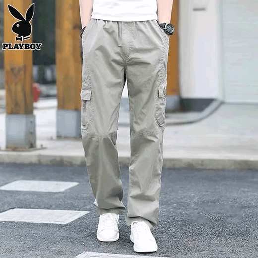Playboy (PLAYBOY) spring and autumn overalls men's casual pants outdoor loose sports pants summer straight pants long pants men's military green L
