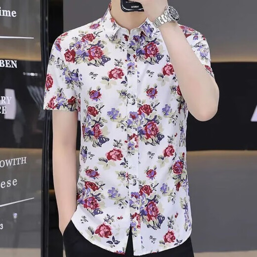 
Wanjun summer short-sleeved shirt for men's slim young and middle-aged printed casual new style 2025 shirt without ironing and anti-wrinkle trendy inch shirt ZJ-653 red 3XL 150-165Jin [Jin equals 0.5 kg]