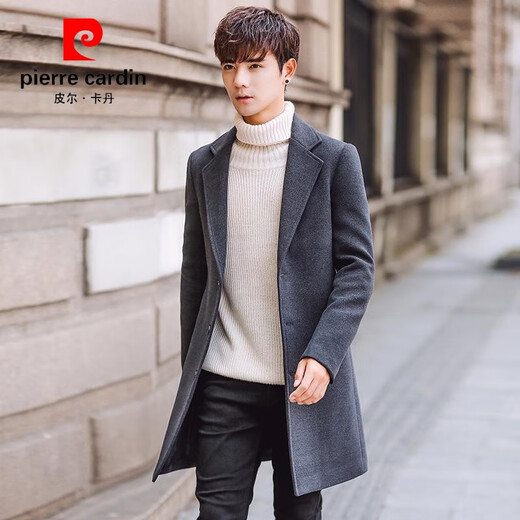 Pierre Cardin windbreaker men's mid-length Korean style trendy and handsome woolen coat men's spring and autumn thickened long British style coat design Khaki L 105-120Jin Jin equals 0.5 kg