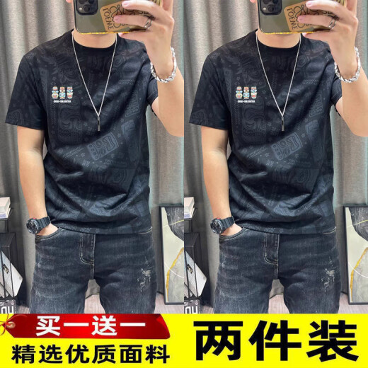 荣西图（RONGXITU）短袖恤男2025新款两件装潮男印花半袖体恤衫男士修身薄款上衣男 829短袖黑色【单件装】 M 【建议80-100斤】