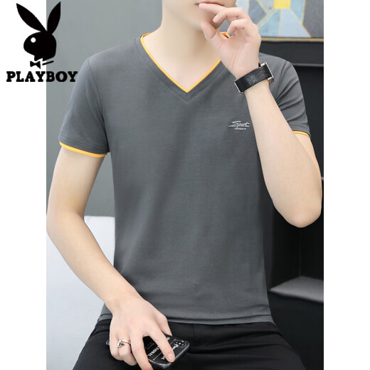 花花公子（PLAYBOY）纯棉V领男士短袖t恤2025夏季潮牌百搭修身冰丝半袖体恤上衣服男潮 黑色 QY691 M 100-115斤