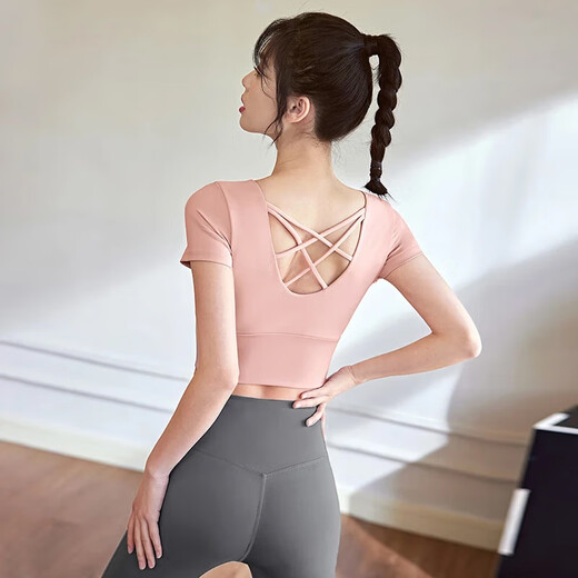 徽昂运动套装女瑜伽服跑步健身服速干衣含胸垫t恤美背短袖长裤粉灰L