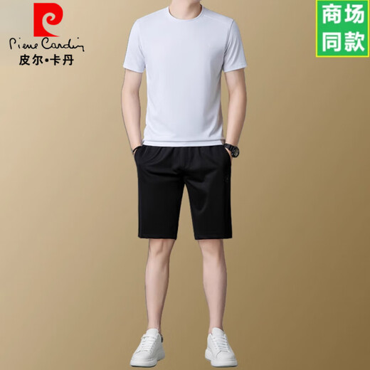 
Pierre cardin high-end short-sleeved T-shirt for men round neck casual sports breathable two-piece suit summer new T-shirt trousers gray shorts suit 13601 M 165