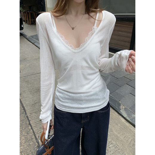 Jingpufei Koreaner V-Ausschnitt Sonnenschutzmittel T-Shirt Frauen Langarm Slim T-Shirt Unterwäsche Spitze Sling White 15567# s