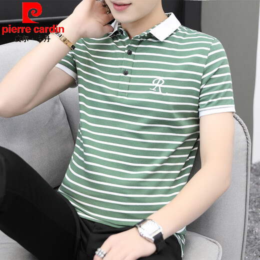 皮尔卡丹（pierre cardin）夏季短袖T恤男2025新款带有领体恤纯棉条纹上衣服衬衫领半袖T桖男 6636 白色 3XL 150-165斤
