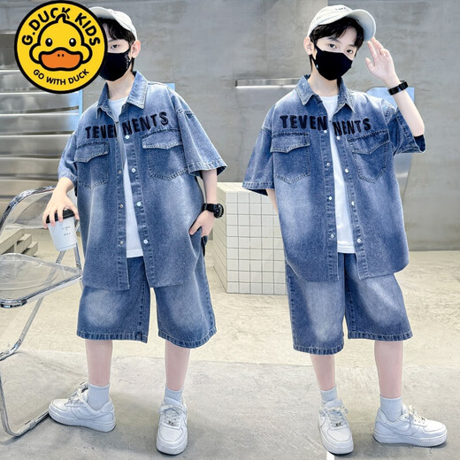 G.Duckkids Little Yellow Duck Boy Sommer Denim Set 2025 Neue Stil mit mittlerer und großer Kinder Sommer Kinder hübsches kurzärmelige Sport-Strickjacke TZK677-Blue-Anzug 120 Empfohlene Höhe 140-150 cm