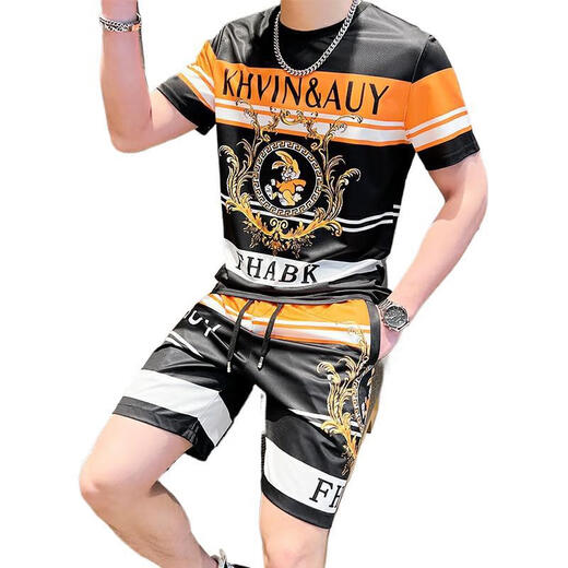 GTYUWVG2025夏季冰丝套装男士潮牌潮流短袖欧货男装夏装迷彩T恤衣服 829卡其色套装 M  适合85-105斤