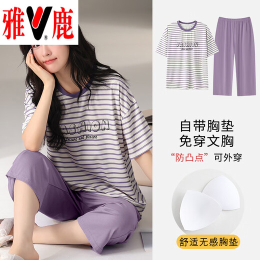 雅鹿棉质短袖睡衣女夏季薄款带胸垫甜美少女学生圆领夏天家居服 短//袖短//裤：B12241 XL 女110-125斤】