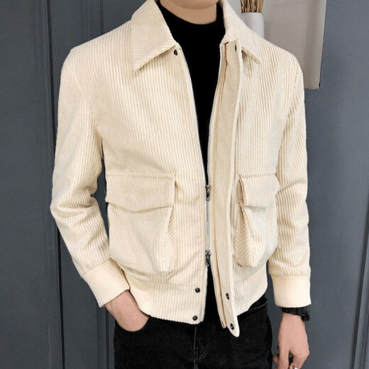 FHHUABD Spring and Autumn Retro Workwear Corduroy Casual Jacket Men's Set Korean Style Slim Short Jacket Trend FBZX-6627 Khaki XL