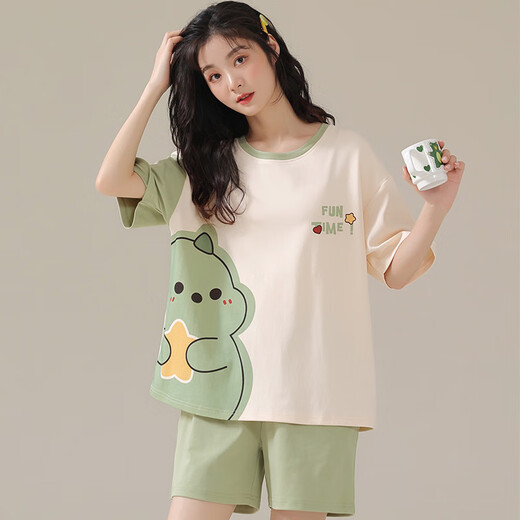 Jingpufei versión coreana suelta de pijamas de manguito corto MM MM Summer Outter Wear Traje de ropa para el hogar 2025 679 Dinosaurio verde 170 m Código [Recomendado 80-90Jin [Jin iguala 0.5 kg]]]