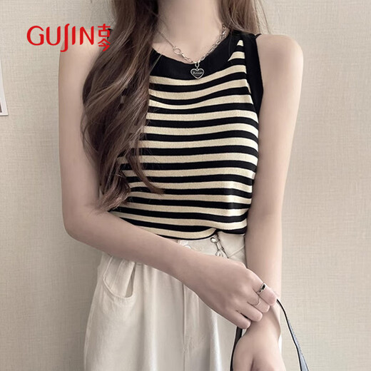 Gujin (Gujin) Ice Silk à rayures à rayures à soie à grécelle pour les femmes en été, à l'extérieur et à l'intérieur, à fond sans manches minces minces minces pour les femmes