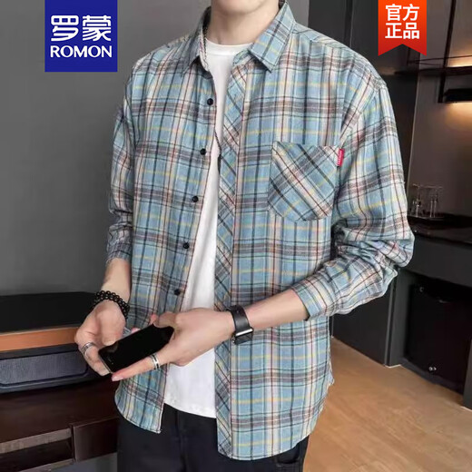 罗蒙（ROMON）格子长袖衬衫2025春夏季新款男士潮流宽松休闲衬衣薄款防晒外套男 9902绿色 M 【建议90-110斤左右】