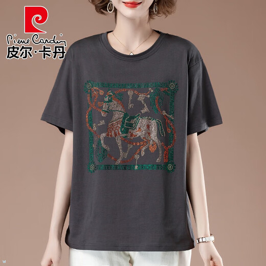 皮尔卡丹（pierre cardin）胖肥显瘦短袖T恤女士夏季大码宽松百搭烫钻中年妈妈时尚薄款上衣 白色【9896款】 L 100-115斤