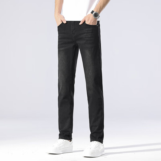 
New Balance High-end Men's Jeans Summer Thin Slim Slim Elastic Straight Pants Middle-aged Simple and Versatile Washed Pants 1048 Black 28