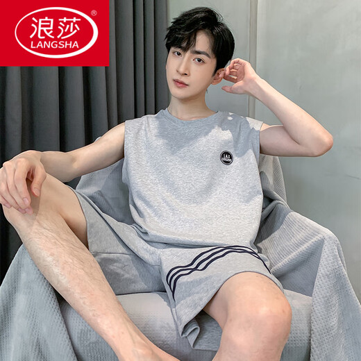 
LangSha pajamas men's summer pure cotton thin 2025 new vest shorts men's home clothing set large size sleeveless summer OMM-13063 L