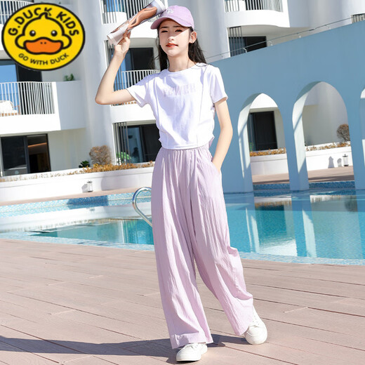 
G.DUCKKIDS little yellow duck girl summer suit children's short-sleeved pants fashionable medium-large children's summer suit casual girl fashion 9889 white + 15106 purple [set] 160 cm