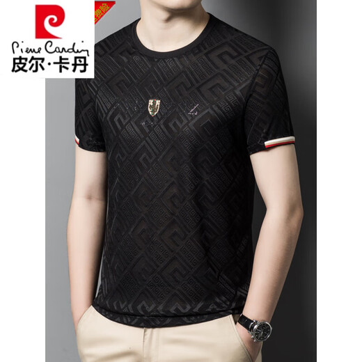Pier Cardin 2025 Summer nuevo camiseta de seda de mulberry jacquard para hombres cuello redondo de manga corto