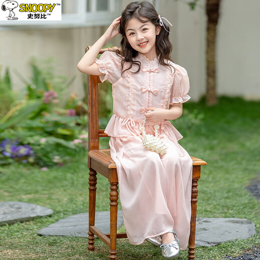 
Snoopy Girls Summer 2025 New Fashionable Big Children's Set Children's Summer New Chinese Style Girl Two-piece Set 9757 Pink Set 139 Yuan 140