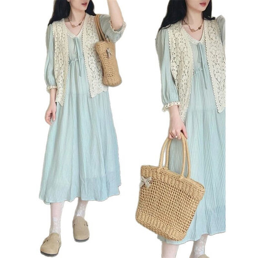 Colorido Summer Summer Hollow Cardigan Vestido de encaje de dos piezas Set 9758 Vestido verde claro M [recomendado 100 Jin [Jin equivale a 0.5 kg] a continuación]