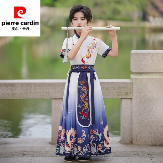 Pierre cardin Hanfu boys summer 2025 new ancient costume boys short-sleeved Chinese style thin children's ancient style Chinese language performance costume MS-9858 [Blue Dragon] Pay attention to priority delivery 120 [weight 32-40 Jin [Jin equals 0.5 kg]]