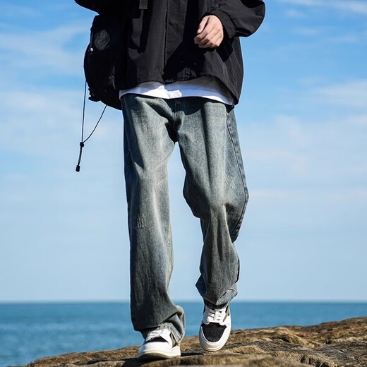 MiiOW Jeans Men's Velvet Thickened American Pants Men's Autumn 2025 New Straight Wide Leg Casual Long Pants Men's Pants Retro Blue XL 32-33 Sizes