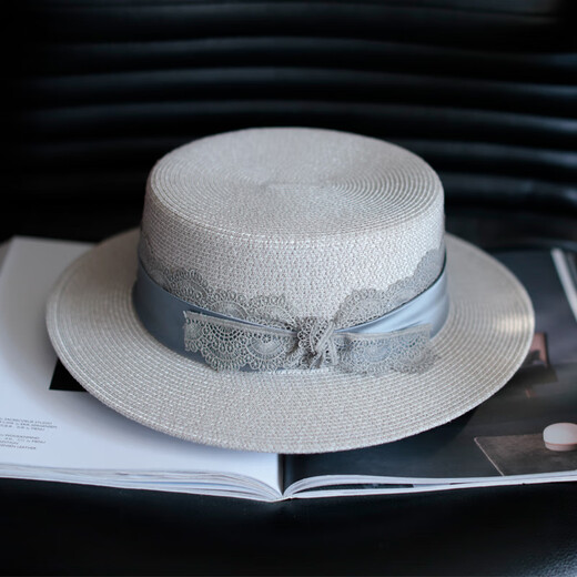 枥野草帽女春夏新款法式平顶帽法式蕾丝花边小平沿遮阳防晒太阳帽 米色 M(56-58cm)可调节